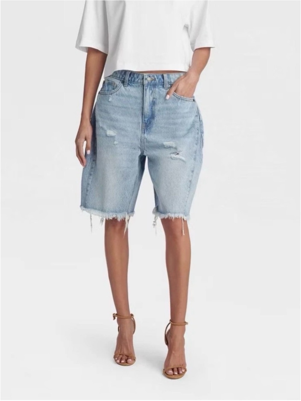 NWT Light Wash Distressed Denim Bermuda Shorts